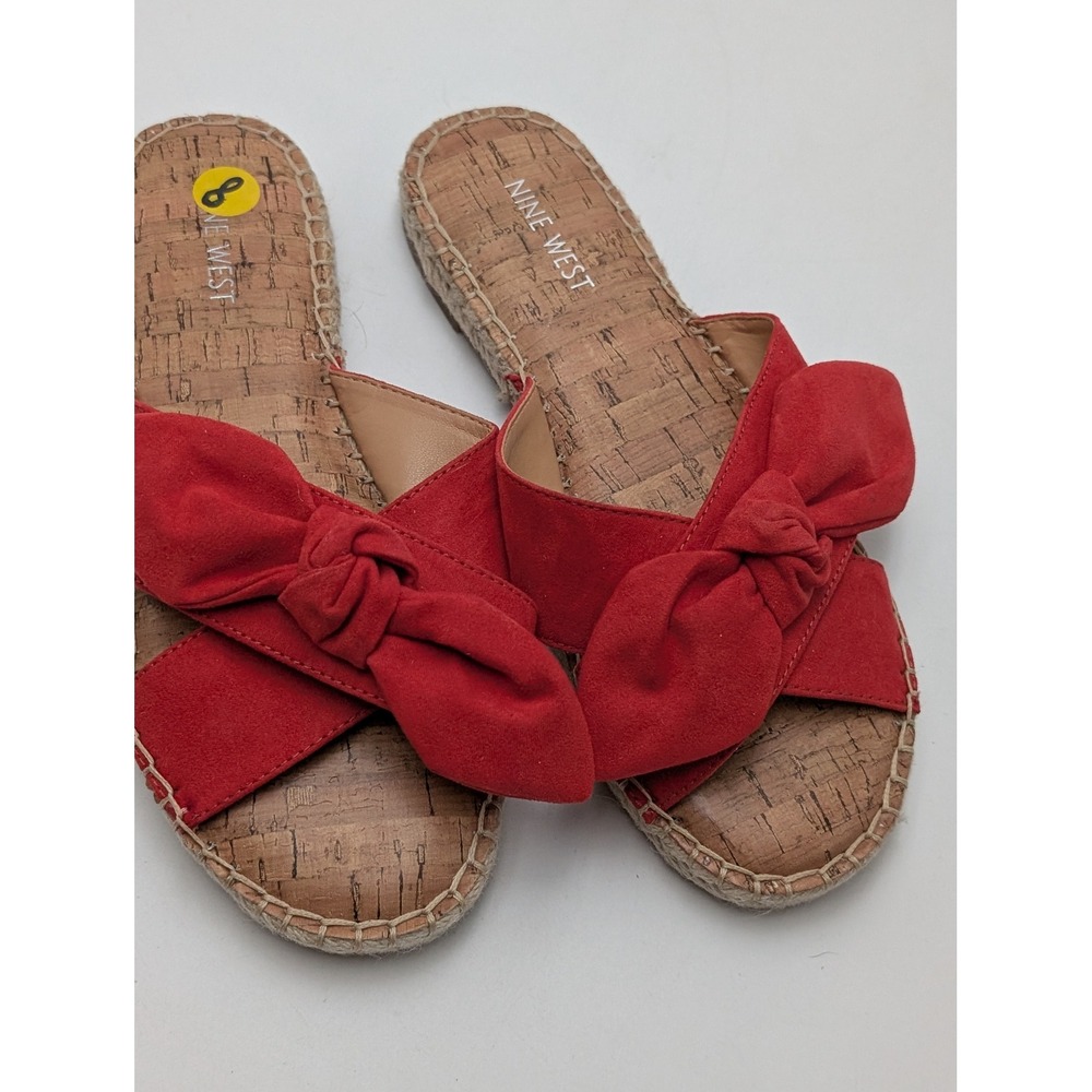 Nine West Sandals Women 8 Red Slide Espadrille Bow Cork Flat Slip On Summer Boho - Picture 2 of 6
